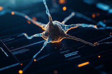 Poster - A vibrant digital representation of a neuron glowing against a dark circuit board background, symbolizing intelligence, connectivity, and neural networks.
