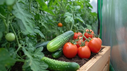 Poster - Lush tomatoes and cucumbers thrive in a greenhouse, showcasing healthy growth under natural light in a summer environment. Generative AI