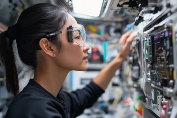 Poster - A focused scientist, wearing protective glasses, operates advanced machinery in a high-tech laboratory, symbolizing scientific research and innovation.