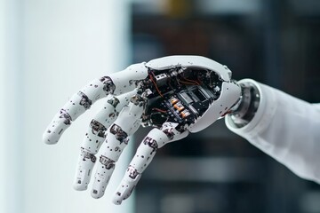 Poster - A close-up view of a robotic hand with exposed internal circuitry, showcasing the intricate technology and engineering behind advanced robotics design.