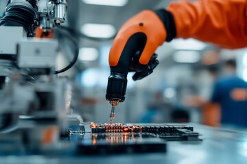 Poster - An automated tool solders components onto a circuit board, highlighting modern manufacturing precision and the efficiency of automated electronic assembly solutions.