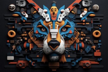 Poster - A digitally created animal face artwork using layered elements, demonstrating creativity and complexity in modern digital abstract art, with vivid color contrasts.