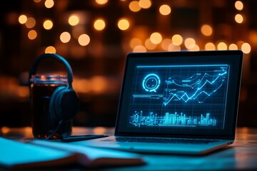 Poster - a laptop displays vibrant and futuristic data visualizations and analytics in a moody, dimly lit roo