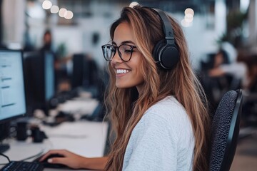 Poster - A smiling woman with long hair and glasses, wearing headphones, is typing on a computer in a bright, modern open office space, exuding enjoyment and focus at work.
