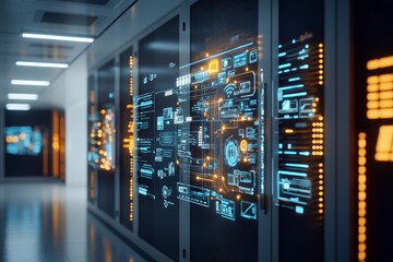 Poster - A futuristic data center corridor with illuminated digital panels and interfaces representing advanced technology, data management, and connectivity themes.