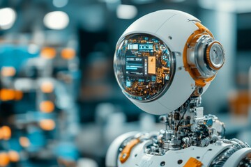 Poster - An advanced humanoid robot stands in a modern tech facility, its screen displaying complex data, representing cutting-edge innovations in robotic science and design.