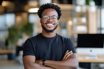 Poster - A young man wearing glasses and a black t-shirt, smiling confidently while standing in a bright and modern office environment with natural lighting and greenery.