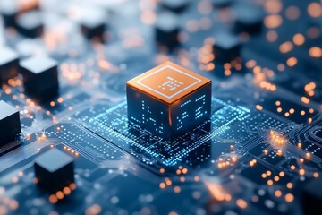 Poster - A single distinctive cube is prominently displayed on an advanced circuit board, symbolizing cutting-edge technology and innovation in a digital era setting.