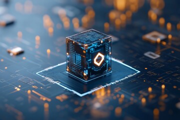 Poster - A detailed tech cube rests on a glowing digital circuit, symbolizing the synergy between data systems and technological advancements of the digital age.