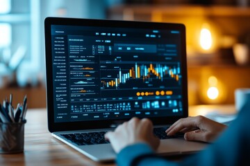 Poster - Person's hands typing on a laptop with a screen showing complex market trend charts and data analysis, illuminated by warm ambient lighting.