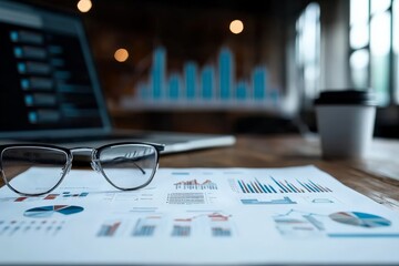 Poster - A pair of glasses rests on a financial document displaying graphs and charts, with a blurred laptop and coffee cup in the background.