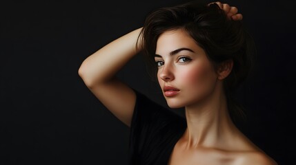 A woman in a black top with her hair up