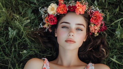 A woman lying on the grass with a flower crown