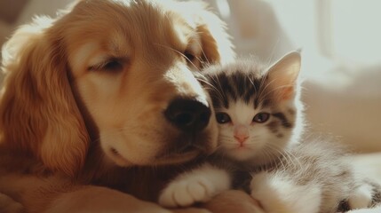 Wall Mural - A cute puppy and kitten snuggle together in soft lighting, showcasing their playful bond on a cozy afternoon