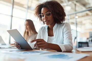 Poster - A dedicated woman in glasses uses a digital tablet in a sunlit modern office environment, conveying a strong sense of concentration and productivity.