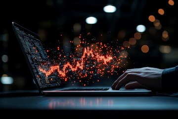 Poster - Hands typing on a laptop, illuminated by glowing data visualizations, depicting technology, progress, and the digital age with a focus on data-driven insights at night.