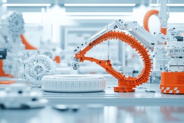 Poster - An advanced robotic arm designed for precision in a futuristic manufacturing environment, showcasing technological innovation with sleek design and automation.