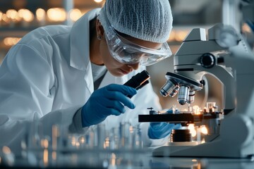 Poster - A dedicated female scientist in a lab coat, wearing safety glasses and gloves, intensely examines a sample through a microscope, illustrating the pursuit of knowledge.
