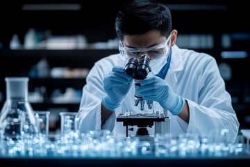 Poster - A focused male scientist wearing protective eyewear and gloves works in a laboratory with a microscope, symbolizing scientific exploration and technological progress.