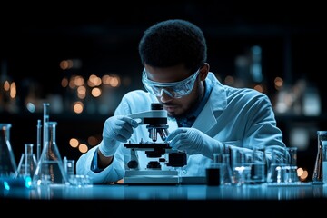 Poster - A diligent male researcher, wearing protective eyewear and lab coat, observes a specimen under a microscope in a lab filled with glass beakers, emphasizing discovery.