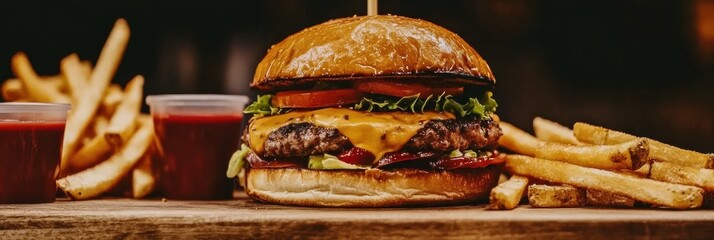 Aufkleber - Enjoy a delicious burger topped with melted cheese, crisp lettuce, and juicy tomatoes accompanied by crispy fries and dipping sauce. Generative AI