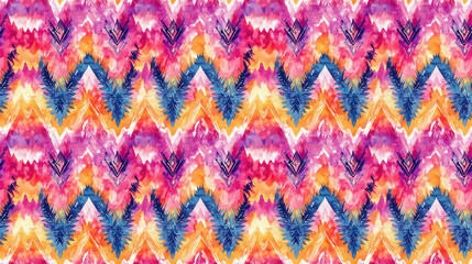 Seamless liquid watercolor pattern featuring vibrant psychedelic colors and ethnic zigzag motifs ideal for bohemian decor and artistic backgrounds