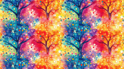 Seamless pattern featuring two abstract trees adorned with a crown of vibrant multi colored splashes hand drawn watercolor illustration