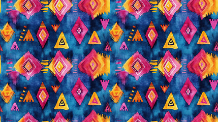 Colorful watercolor ethnic boho pattern with hand painted designs ideal for fabric swimwear and wallpaper applications