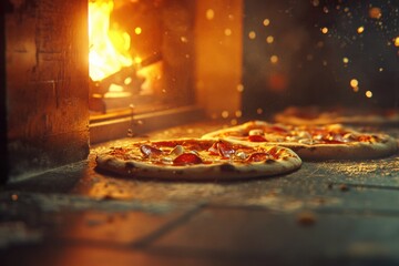 Poster - Several pizzas are baking in a wood-fired oven, surrounded by vibrant flames, filling the air with tantalizing aromas of freshly cooked dough. Generative AI