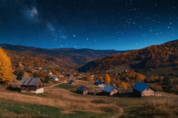 Wall Mural - Captivating mountain village surrounded by autumn foliage beneath a stunning starry sky