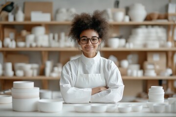 An artist in a white lab coat stands against shelves of ceramics, symbolizing creativity and innovation within a modern studio environment focused on artistic exploration.