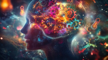 Poster - Creative Mind with Colorful Gears and Light Bulbs