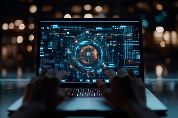 Poster - A circular design of a digital interface representing advanced technology, featuring intricate details and a high-tech aesthetic in a cyberpunk style.