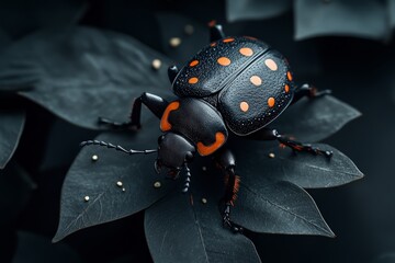 Poster - A vibrant macro image captures a beetle resting on a leaf adorned with water droplets, illustrating the intricate details and dynamics of natural life.