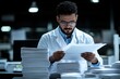 © Odin AI - A scientist, wearing white lab attire and glasses, intently analyzing a stack of documents in a modern laboratory setting, representing dedication and focus in research.