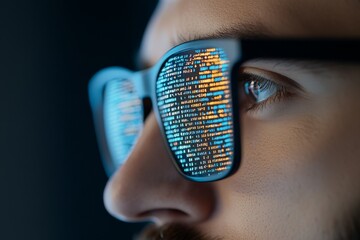 Poster - Zoomed-in glasses with a reflection of code signify the importance of coding skills in contemporary technology environments, highlighting focus and diligence.