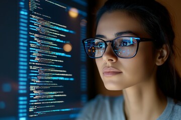 Poster - Glasses with code reflection signify deep focus and engagement in programming, illustrating the current digital era's impact on education and professional life.