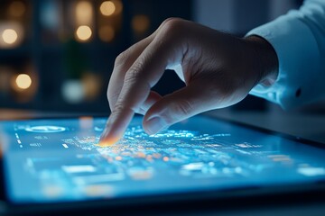 Poster - A close-up image of a hand touching an interactive digital surface, featuring bright, colorful elements that illustrate advanced technology and modern interface design.