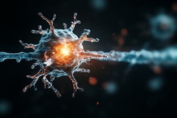 Poster - A neuron depicted in digital art, with bright synapses firing in a dark background, symbolizing neural activity, connectivity, and energy flow in the brain.