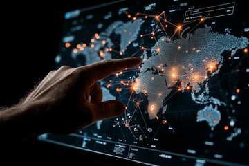 Poster - An illuminated digital map with glowing network connections overlays a world map, emphasizing cybernetic communication and data-driven technology connects.