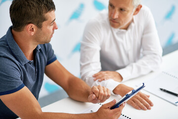 Leinwandbilder - Documents, tablet and business men in office for meeting for review, research and online project. Corporate, professional and boss with worker on digital tech for teamwork, collaboration and planning