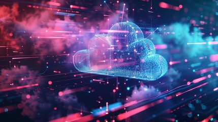 Poster - Complex network of connections forming a cloud symbol, representing cloud computing and data storage in a futuristic digital environment with glowing lines and particles