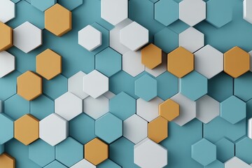 Poster - This image depicts a modern hexagonal tile design featuring a soothing blend of blue, yellow, and white tones, offering a chic and contemporary interior style.