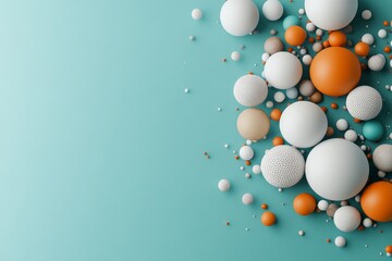 Poster - An assortment of orange and white spheres elegantly spread out against a teal background, each uniquely textured, creating a harmonious and inviting visual display.