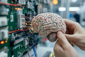 Poster - A model brain connected with wires to a circuit board, representing the integration of human cognition and technology in a modern laboratory setting.