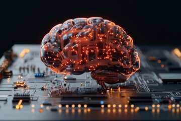 Poster - A glowing neural network embedded in a microchip, illustrating the intersection of human thought and digital processing in a high-tech environment.