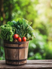 Aufkleber - A rustic wooden bucket overflows with fresh vegetables, showcasing their vibrant colors amidst a lush rural garden setting. Generative AI