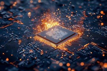 Poster - A dynamic depiction of a microchip sparking with energy, showcasing technological advancement and innovation through radiant electric interactions.