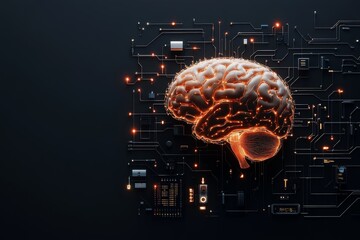 Poster - An illuminated brain artwork integrated with a digital circuit board, representing the fusion of AI technology and neural networks in a modern abstract style.