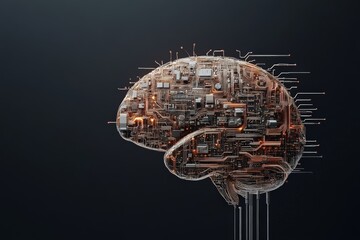 Poster - A highly detailed brain structure is shown as a complex electronic circuit board, symbolizing advanced AI architecture and neural mimicry through art.